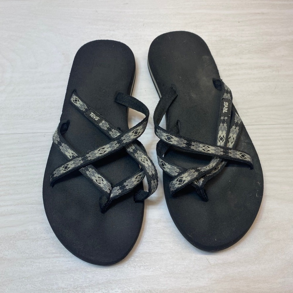 Teva Womens sz 8 Olowahu Flip Flop Strappy Black Fabric Mush Sole Sandals 6840B